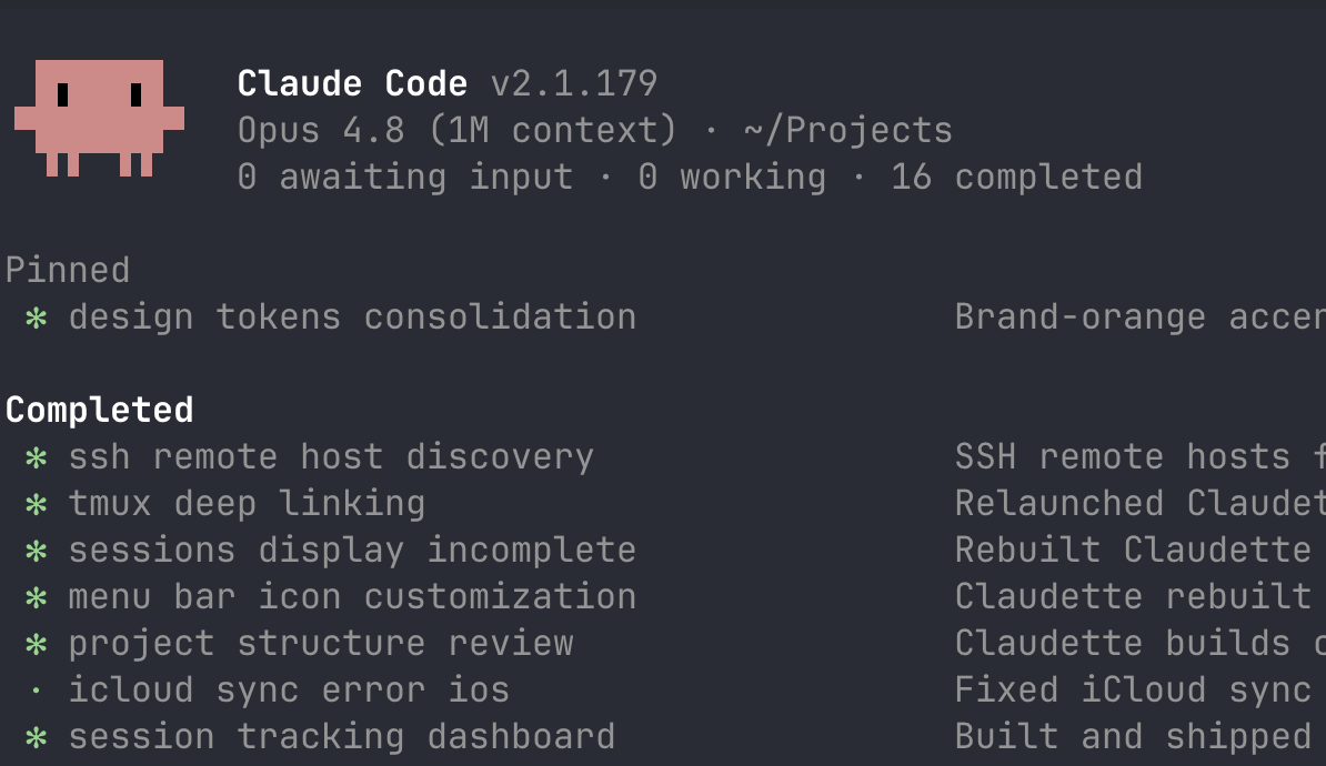 tmux Control Center session running claude agents across multiple projects