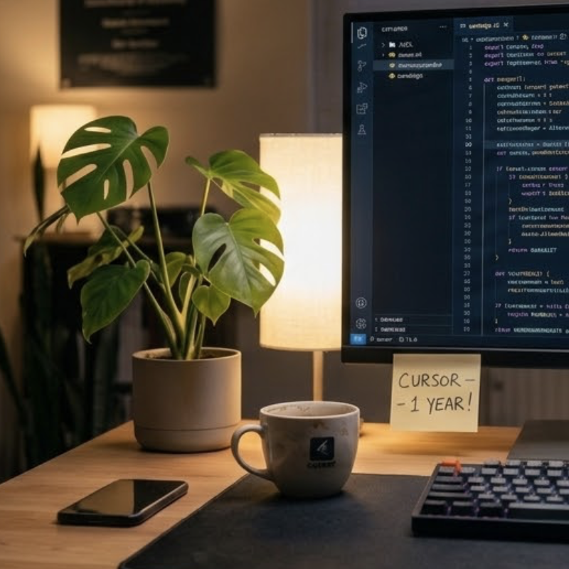 Desk with monitor showing code and a sticky note reading Cursor - 1 Year!